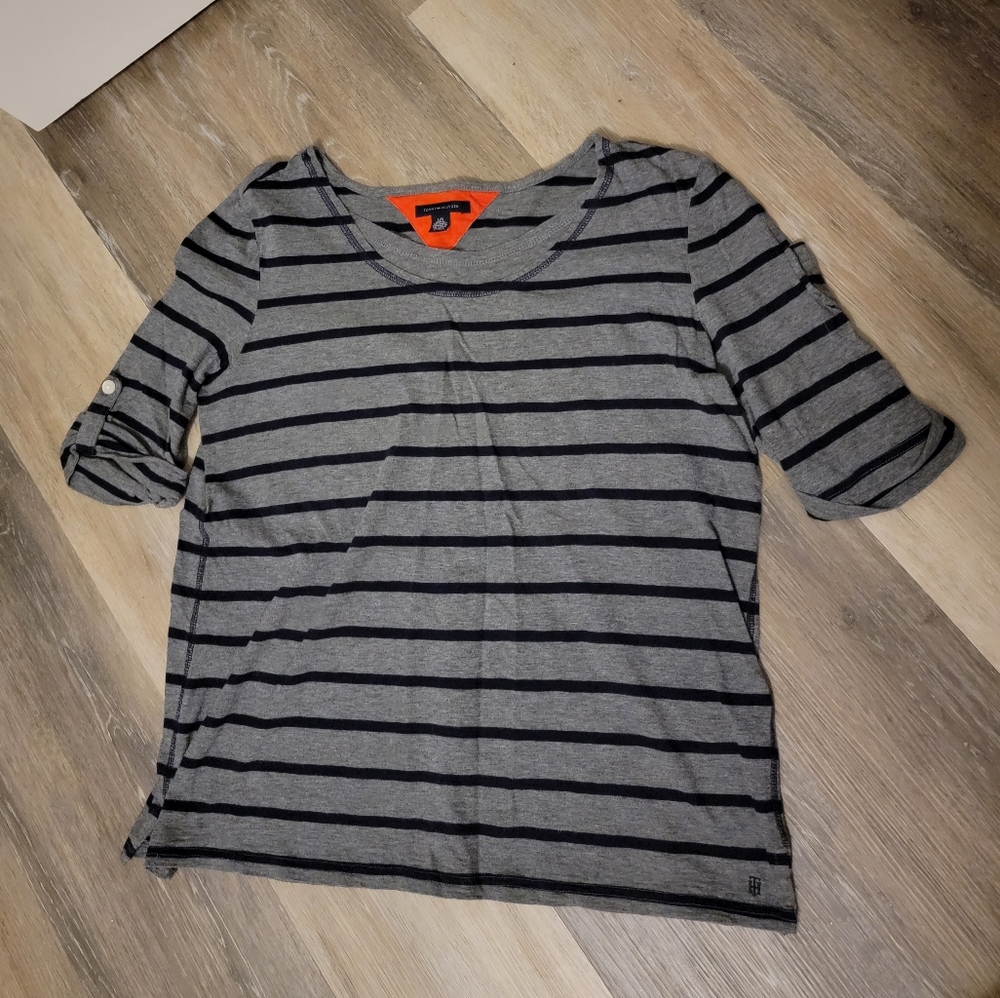 Tommy Hilfiger, size large, gray striped short sleeve top